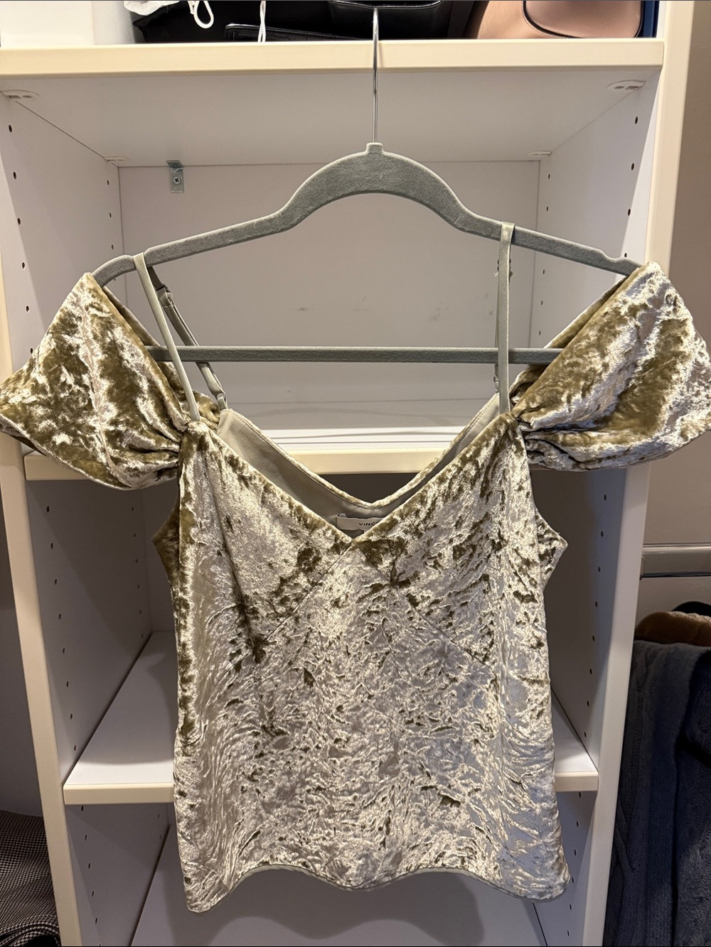 Vince Crushed Velvet Off-Shoulder Tank in Light Olive